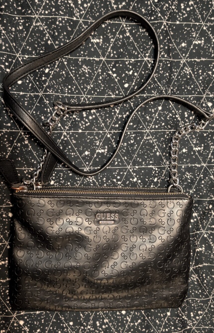 GUESS Black Embossed Logo Crossbody with Chain Strap